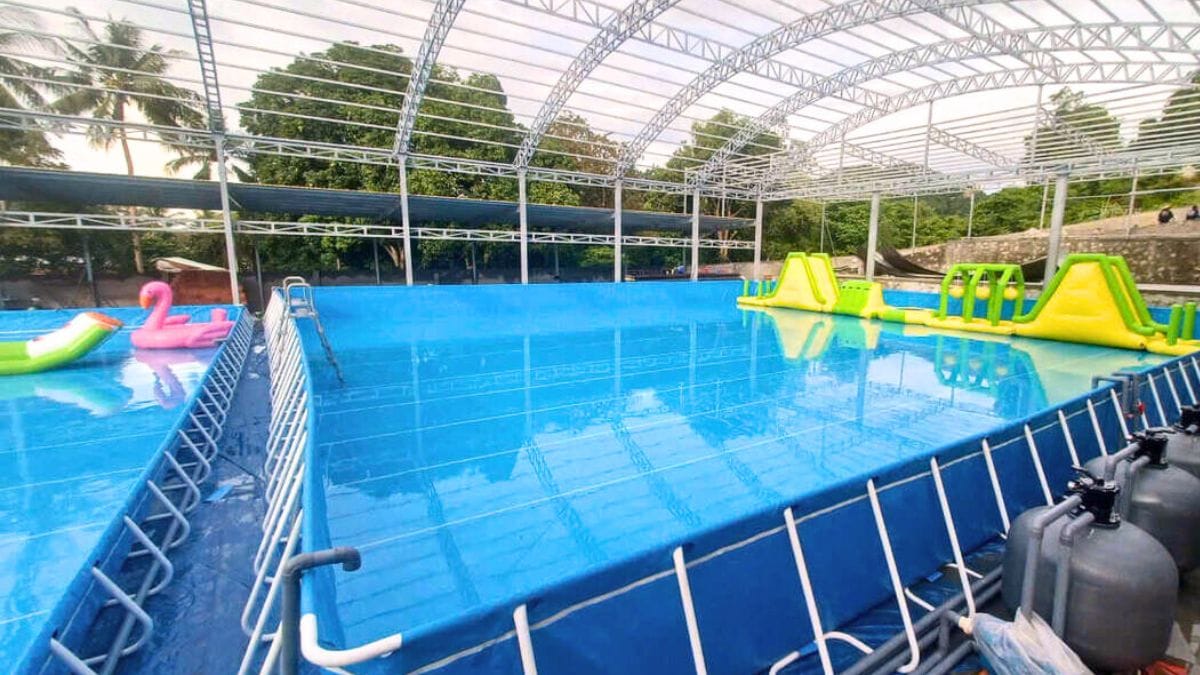 Bể Bơi Trường Học Cỡ Lớn KT dài 29.1x15.6x1.3 1 Bể bơi trường học lắp ghép có mái che an toàn, thi công nhanh