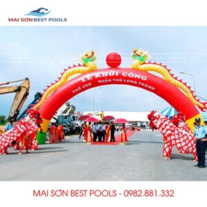 Cổng hơi Lễ Khởi Công Rồng Phượng Mầu Đỏ Vàng kết hợp.