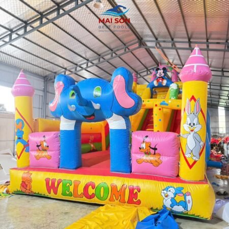 Nhà Hơi Nhà Phao Chú Voi Xanh Vui Nhộn – Nhà hơi hoạt hình trẻ em thiết kế và vẽ theo yêu cầu
