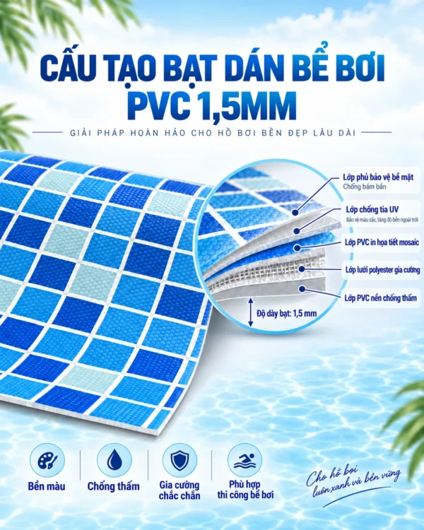 Cấu tạo bạt dán bể bơi PVC 1,5mm gồm lớp chống tia UV, lớp PVC họa tiết mosaic và lưới polyester gia cường