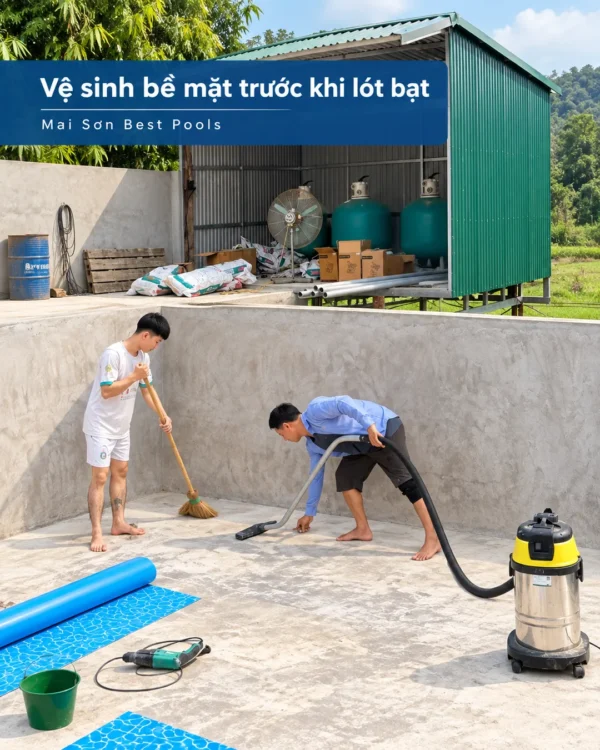Bể bơi bê tông bị thấm, mất nước xử lý thế nào? 4 Vệ sinh bề mặt lòng bể trước khi thi công bạt PVC